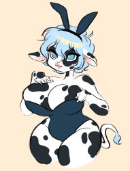 anthro black_and_white_body blue_eyes blue_hair bovine bunny_ears bunnysuit cow_ears cow_girl cow_tail curvy hand_on_breast large_breasts ohthesunnyside overflowing_breasts short_hair voluptuous