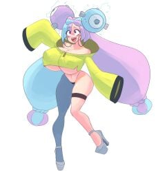 asymmetrical_hair bimbo bimbofication blue_hair blush brain_drain color electrocution game_freak high_heels hoop_earrings hoop_earrings_oversized iono_(pokemon) large_breasts multicolored_hair nintendo pink_hair pokemon pokemon_sv purple_eyes sealguy shaded sharp_teeth spiral_eyes