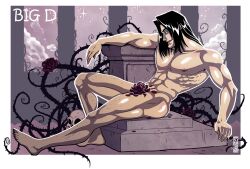 1boy 2d abs areolae big_d_(htp) black_hair blue_eyes censored color eyebrows eyelashes eyes eyes_open gravestone grottvarelse hair hunter_the_parenting hunter_the_reckoning long_hair long_hair_male male_focus male_only mouth mouth_open muscular muscular_male naked naked_male nipples nose nude nude_male open_eyes open_mouth rose rose_(flower) smile solo solo_focus solo_male teeth teeth_showing thorns vines