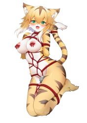 absurd_res anthro blush bondage bondage bound breasts felid female fur green_eyes hair hi_res kemo_neko looking_at_viewer mammal mia_(world_flipper) nipples nude pantherine sex_toy smile solo stripes tiger white_body world_flipper yellow_body yellow_fur