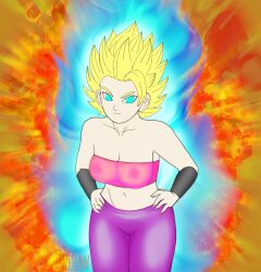 1girls areolae aura belly_button blonde_hair blue_eyes breasts cameltoe caulifla clothed clothed_female clothes clothing curvy dragon_ball dragon_ball_super explosion exposed_shoulders eyelashes female female_focus female_only female_saiyan hands_on_hips hip_focus hips light-skinned_female light_skin long_hair looking_at_viewer pussy saiyan skin_tight smile smirk solo solo_female solo_focus spiky_hair super_saiyan super_saiyan_2 super_saiyan_rage thick_legs thick_thighs thighs tight_clothing tight_pants tights watermark wetlaw wide_hips wristbands yellow_hair yoga_pants