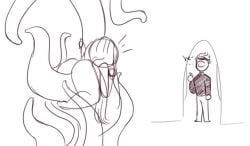 ... ass black_and_white caught caught_in_the_act consensual_tentacles cyclops doorway long_hair monochrome ohthesunnyside riding_tentacle sketch small_iris surprised sy_(ohthesunnyside) tentacle tentacle white_background