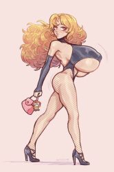 big_ass big_breasts bimbo bimbofication blonde_hair brellom caelia curly_hair earrings fishnets high_heels hourglass_figure long_hair looking_at_viewer makeup nipples_visible_through_clothing purse underboob wiggle_lines