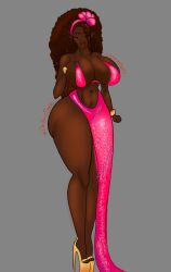 amumelons big_breasts breasts brown_hair daphne_dress dark-skinned_female dark_skin dress elf elf_female gold_heels high_heels huge_breasts meme_attire no_bra no_panties no_underwear original original_character pointy_ears red_dress revealing_clothes thick_thighs voluptuous