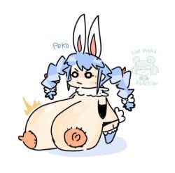 angry big_breasts blue_hair breast_expansion bunny_ears bunny_girl bunny_tail chibi doodle errorplush female gloves hololive hololive_fantasy hololive_japan huge_breasts live_slug_reaction nipples pale_skin sweat text top_heavy uruha_rushia usada_pekora virtual_youtuber