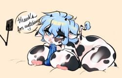 anthro ass black_and_white_body blue_dildo blue_eyes blue_hair boobjob bovine camgirl completely_nude completely_nude_female cow_ears cow_girl cow_horns cow_tail curvy dildo hand_on_breast hands_on_breasts heart heart_shaped_areola lactating lactation large_breasts laying_down nude ohthesunnyside overflowing_breasts saliva saliva_on_dildo short_hair streaming voluptuous webcam