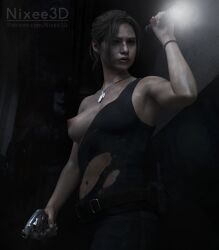 1girls 3d armpits belt blue_eyes breasts breasts_out brown_hair capcom casual claire_redfield dirty electronics female female_only fingernails firearm handgun human mr_x nails neckwear nipples nixee3d pale_skin ponytail resident_evil resident_evil_2 resident_evil_2_remake revolver ripped_clothing sexy_armpits solo solo_female sweat sweating weapon wounded wristwear