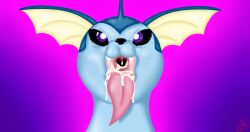 absurd_res ambiguous_gender black_nose bodily_fluids cum cum_in_mouth cum_inside eeveelution fangs feral genital_fluids gradient_background hi_res long_tongue looking_at_viewer mouth_shot neon_vapor nintendo open_mouth pokémon_(species) pokemon pokemon_(species) simple_background solo tongue vaporeon video_games