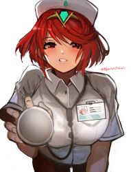 1girls 2022 absurd_res bare_arms blush breast_squish breasts clothed clothing female female_only hat highres holding_stethoscope id_card jewelry large_breasts leaning_forward looking_at_viewer matching_hair/eyes name_tag nintendo nurse nurse_cap pyra red_eyes red_hair shirt short_hair signature simple_background smile solo stethoscope tarbo_(exxxpiation) teeth thigh_gap thighs tiara uniform white_background white_shirt xenoblade_(series) xenoblade_chronicles_2