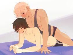 2boys blush brown_hair cuntboy dark_skin interracial intersex lavender_incubus magical_ondine male mastectomy_scar muscular muscular_male penis_size_difference pink_hair strap-on tank_top top_surgery_scars yaoi