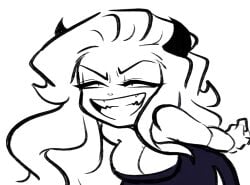 black_and_white black_dress braless breasts cleavage demon_girl demon_horns evil_grin evil_smile large_breasts leaning_forward long_hair monochrome no_bra ohthesunnyside overboob overflowing_breasts sharp_teeth small_iris sunny_(ohthesunnyside) white_background