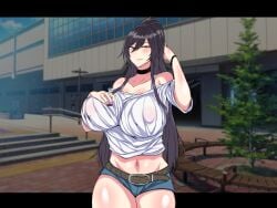 1girls 2d black_hair blush curvaceous curves curvy_female curvy_figure denim_shorts erect_nipples_under_clothes female female_only huge_breasts human idolmaster_shiny_colors large_breasts light-skinned_female light_skin long_hair looking_at_viewer nabeshiki_(nabeyashiki) naughty_face outside pale-skinned_female pale_skin plump seductive seductive_look seductive_smile shirase_sakuya shirt solo thick_thighs voluptuous yellow_eyes