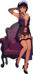 bangs big_breasts black_hair chair choker female fishnets garter_belt garter_straps high_heels konbu_wakame lilith_(saikin_yatotta_maid_ga_ayashii) lingerie maid maid_headdress panties purple_eyes saikin_yatotta_maid_ga_ayashii stockings thighhighs