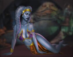 armlet belly_dancer belly_dancer_outfit blue_skin bracelet cleavage female_focus gold_eyes harem_girl harem_outfit headband hutt jabba's_palace jabba_the_hutt loincloth looking_at_viewer pickypepper silver_thread slave slave_bikini slave_leia_(cosplay) slave_outfit slavegirl star_wars twi'lek