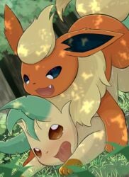 ambiguous_gender doggy_style duo eeveelution feral forest from_behind_position fur hi_res leafeon nintendo orange_body orange_fur outside penetration plant pokemon pokemon_(species) rumine sex tree video_games yellow_body yellow_fur