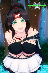 astrial'leena_mayethikaya black_hair breasts clothing green_eyes jewelry leaning_forward logo looking_at_viewer original original_character sacredcourage smile tattoo the_legendary_tauran'creima the_legendary_tauran'creima:_star_beings_of_the_universe