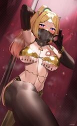 1girls aki_rosenthal belly_dancer belly_dancer_outfit bra breasts dancer dancer_outfit face_mask female frikulu harem_outfit hololive hololive_gen_1 hololive_japan light-skinned_female light_skin pole stripper_pole thick_thighs thighhighs underboob veil virtual_youtuber