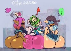 3girls alice_spice_(wolflance) ass ass_dough ass_focus ass_grab ass_to_ass bandana big_ass bubble_butt clothing confused dark-skinned_female deep_skin drooling ear_piercing earrings fat_ass female female_only grabbing_another's_ass grey_skin horny horny_female huge_ass inkling lesbian light-skinned_female looking_at_another looking_at_ass octoling overalls piercing sideass sitting smile splatoon surprised wolflance yuri