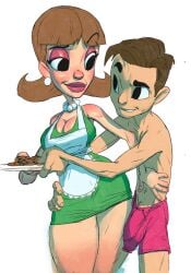 1boy 1girls age_difference apron big_breasts big_penis biting_lip bulge cleavage cookies dress erection erection_under_clothes fully_clothed gutterbutter-69 hiding_erection huge_breasts imminent_sex jimmy_neutron_boy_genius judy_neutron looking_at_partner looking_back milf smirk straight_hair thick_thighs wide_hips