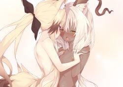 2girls absurdres after_kiss animal_ear_fluff animal_ears arknights ass beeswax_(arknights) blonde_hair blush brown_eyes cardigan_(arknights) cat_ears commission completely_nude dark-skinned_female dark_skin eye_contact face-to-face female fox_ears fox_girl fox_tail highres holding_hands horns long_hair looking_at_another multiple_girls nasuuni nude open_mouth pink_eyes ponytail ribbon saliva saliva_trail skeb_commission tail tears tongue tongue_out upper_body very_long_hair white_hair yuri