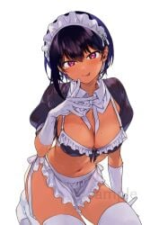 1girls apron big_breasts black_hair blouse bob_cut bra breasts cleavage dark-skinned_female dark_skin eyeliner female female_only frills gloves konbu_wakame licking_lips lilith_(saikin_yatotta_maid_ga_ayashii) lingerie maid maid_headdress makeup mole mole_on_breast mole_under_eye navel on_knees puffy_sleeves purple_eyes saikin_yatotta_maid_ga_ayashii sample shirt short_hair stockings suggestive_look thighhighs watermark