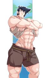 1boy 2021 abs black_eyes black_hair leif_(nisego) looking_at_viewer male_only muscular muscular_arms muscular_male muscular_thighs nisego original shorts sideburns solo solo_male taking_clothes_off toned