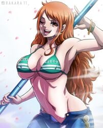 1girls belly_button bikini cleavage female female_only fit huge_breasts jeans long_hair nami one_piece orange_hair rakara11 solo striped_bikini swimwear