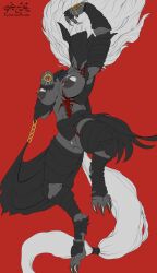 2022 absurd_res accessory aixen anthro areola armor biped breasts canid canine canis claws digital_media_(artwork) elden_ring female finger_claws fromsoftware fur furgonomics genitals grey_body grey_fur hair headgear helmet hi_res long_hair long_tail maliketh_the_black_blade mammal mtf_crossgender navel nipples pussy red_background rule_63 scar simple_background solo tail_accessory tail_ornament toe_claws tongue tongue_out vambraces video_games white_hair wolf