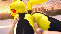 2022 3d_(artwork) absurd_res anthro anthro_penetrated anus artist_name ass balls bodily_fluids bottomwear brown_eyes clothing cosplay_pikachu cosplay_pikachu_(costume) cowgirl_position cum cum_in_pussy cum_inside darkflash23 detailed_background digital_media_(artwork) duo female female_penetrated fingers fur genital_fluids genitals hi_res human human_on_anthro human_penetrating human_penetrating_anthro human_penetrating_female interspecies long_tail looking_back male male/female male_on_anthro male_penetrating male_penetrating_anthro male_penetrating_female mammal nintendo outside pants penetration penis pikachu pikachu_libre pokémon_(species) pokemon sex smile source_filmmaker tan_body tan_skin torn_bottomwear torn_clothing torn_pants vaginal_penetration video_games watermark yellow_body yellow_fur