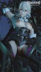 1girls 3d armor armpits bare_thighs boots breasts breasts_out corrin_(female)_(nohr_noble)_(fire_emblem) corrin_(fire_emblem) corrin_(fire_emblem)_(female) female female_only fire_emblem fire_emblem_fates foulveins from_below hair_between_eyes inner_thighs long_hair looking_at_viewer looking_down medium_breasts night nintendo nipples no_panties outdoors pussy red_eyes smile solo thigh_boots thighs white_hair