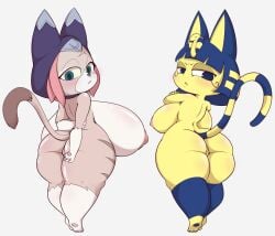 absolutely_massive_knockers animal_crossing ankha ankha_(animal_crossing) anthro ass big_breasts blush breasts capcom crossed_arms domestic_cat duo eyebrows felid feline felis felyne female frown hi_res huge_breasts hyper hyper_breasts looking_at_viewer looking_back lynian mammal monster_hunter monster_hunter_stories_2:_wings_of_ruin mossyartburger nintendo nude raised_eyebrow rear_view short_stack shortstack simple_background tsukino_(monster_hunter_stories) video_games white_background