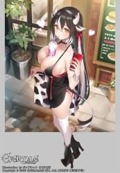 animal_ears ass ass_cleavage bangs black_footwear black_hair breasts butt_crack cellphone cow_ears cow_girl cow_horns cow_tail drinking_straw drinking_straw_in_mouth evertale female hair_ribbon heart high_heels highres holding holding_phone horns large_breasts logo long_hair looking_at_viewer momoka_(evertale) multicolored_hair official_art phone plant pop_kyun potted_plant red_ribbon ribbon sign smartphone solo tail thighhighs very_long_hair white_hair white_legwear window yellow_eyes