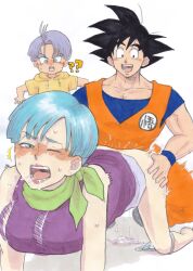 1girls 2boys ass_grab black_eyes black_hair blue_eyes blue_hair bulma_briefs clothed clothed_male clothing cum cum_drip cum_dripping cum_inside doggy_style dragon_ball dragon_ball_super dragon_ball_z light-skinned_female light-skinned_male light_skin open_mouth panties saiyan sex smile son_goku tan_boku_shiiku trunks_briefs