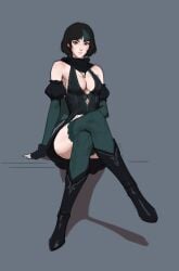 1girls armpits armwear big_breasts black_hair breasts brown_eyes brown_hair cape clothed clothing crossed_legs elegant erin_(tarakanovich) female female_only fully_clothed green_hair hourglass_figure human light-skinned_female light_skin looking_at_viewer miniskirt mistveil pale_skin revealing_clothes short_hair sideboob sitting solo stockings tarakanovich thick_thighs thighhighs