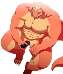 2022 anthro barazoku censored crocodile crocodilian crocodine crocodylid dragon_quest dragon_quest_dai_no_daibouken erection genitals hi_res humanoid_hands kemono male male_only muscular muscular_male penis reptile samoji scalie scar sitting slit solo square_enix video_games