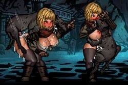 big_breasts blonde_hair blush canine cum_inside darkest_dungeon houndmaster_(darkest_dungeon) licking_face niur short_hair tears thighhighs tongue_out zoophilia