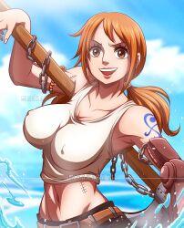 belly_button female female_only fit huge_breasts nami nipple_bulge nipples_visible_through_clothing one_piece orange_hair rakara11