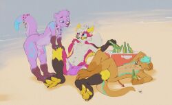 anthro beach beverage biped black_body black_eyebrows black_fur black_nose blep blue_body blue_eyes blue_fur blue_tail brown_body brown_fur brown_nose brown_tail bulge canid chest_tuft clothing elbow_tufts eyebrows flaccid fur fur_markings genitals glistening glistening_nose glistening_pawpads gloves_(marking) group hair hi_res humanoid_genitalia humanoid_penis inner_ear_fluff leaning leaning_back leaning_forward leg_markings lutrine lying male mammal markings messy_hair mustelid narrowed_eyes navel on_back oselotti otter outside pawpads penis pink_clothing pink_hair pink_penis pink_tail pink_underwear red_body red_fur red_tail seaside short_hair signature sitting smile socks_(marking) spread_legs spreading standing tail tail_markings tan_body tan_fur tan_tail tongue tongue_out trio tuft underwear white_hair white_inner_ear_fluff white_tail yellow_body yellow_fur yellow_pawpads