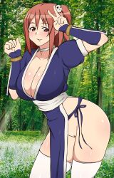 accidental_exposure big_sister bottomless breasts brown_background cleavage clothing clothing_aside cosplay dead_or_alive dead_or_alive_5 female forest hair_ornament highleg highres honoka_(doa) kagemusha kasumi_(doa) kasumi_(doa)_(cosplay) large_breasts nature no_bra no_panties no_underwear one_side_up onee-chan parted_lips pelvic_curtain pelvic_curtain_aside red_eyes smile solo thighhighs third-party_edit trees v white_legwear woods