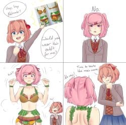 2girls 4_panel_comic blue_eyes burger burger_lingerie doki_doki_literature_club english_text female female_only girls_reacting_to_bikini_(meme) meme meme_attire multiple_girls natsuki_(doki_doki_literature_club) pink_eyes pink_hair raionart sayori_(doki_doki_literature_club) strawberry_blonde_hair text text_bubble