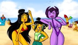 2d 3girls beach big_breasts black_hair blue_skin breasts brown_hair clothed clothing dirty_platypi female female_focus highres lego long_hair looking_at_viewer mei_(monkie_kid) monkie_kid multiple_girls orange_hair princess_iron_fan purple_skin red_hair short_hair spider_queen_(monkie_kid) tagme tagme_(character) thighs yellow_skin