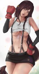 1girls brown_hair clothed crop_top female female_only final_fantasy final_fantasy_vii gloves large_breasts long_hair looking_at_viewer miniskirt navel no_bra open_mouth red_eyes skirt smile solo suspenders tank_top tifa_lockhart underboob yakuza-bunni