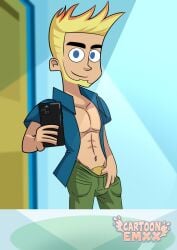 1boy aged_up beard blonde_hair cartoon_emxx holding_phone johnny_test johnny_test_(series) male male_only muscles muscular open_shirt pubes pulling_down_pants selfie teasing