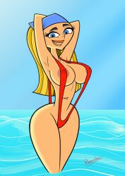 1girls alternate_version_available areolae big_breasts blonde_hair blue_eyes cartoon_network erect_nipples_under_clothes female female_only large_breasts light-skinned_female light_skin lindsay_(tdi) long_hair nipple_bulge pokies riccardus97 sling_bikini slingshot_swimsuit solo swimwear total_drama_island wide_hips