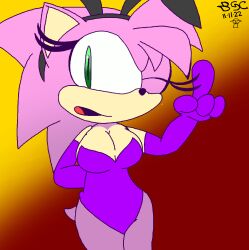 amy_rose armwear bunnysuit classic_amy_rose gradient_background green_eyes purple_bunnysuit sonic_(series) winking winking_at_viewer