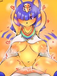 animal_crossing ankha ankha_(animal_crossing) anthro areola big_areola bodily_fluids cowgirl_position cum cum_in_pussy cum_inside domestic_cat felid feline felis female first_person_view from_front_position genital_fluids genitals hair hair_over_eye hands_behind_head heart hi_res human jewelry lactating looking_at_viewer mammal necklace nintendo on_bottom on_top one_eye_obstructed pussy sex steam tail_motion tailwag video_games wonkake