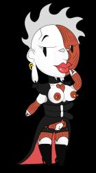 belts cenobite chibi dress earrings exposed_muscle female garter_belt heels hellraiser horror lips muscle nelsonnoir nightmare_waifu nipple_piercing solo solo_female solo_focus