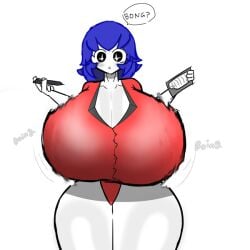 bizzarekatze black_eyes blue_hair bongbong huge_breasts lobotomy_corporation looking_at_viewer project_moon red_shirt thick_thighs white_skin