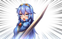 blue_eyes blue_hair falchion_(fire_emblem) female female_only fi-san fire_emblem fire_emblem_awakening frown long_hair lucina_(fire_emblem) medium_breasts nintendo open_mouth royalty solo sword tiara weapon