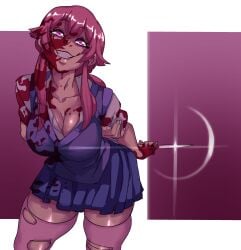 1girls 2021 big_breasts blood blood_on_clothing breasts cleavage clothed clothes clothing covered_in_blood female gasai_yuno grin holding_knife holding_weapon knife large_breasts legwear looking_at_viewer mirai_nikki nisego pink_eyes pink_hair pink_legwear pink_thighhighs ripped_thighhighs skirt smile solo solo_female thick_thighs thighhighs torn_legwear torn_thighhighs weapon yandere